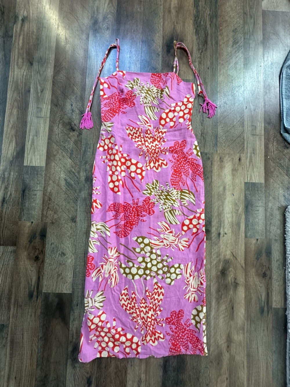 NWT Rachel Zoe Pink Red and Cream Floral Midi Dress w/ tassels